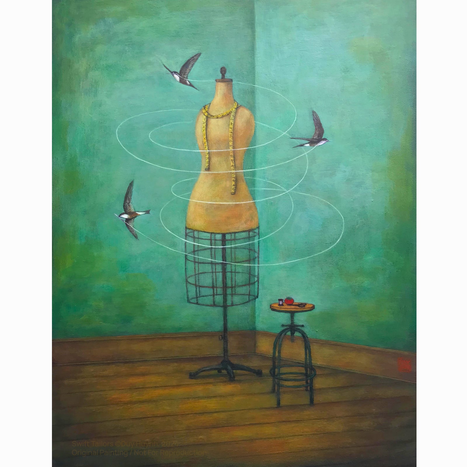 Artist Duy Huynh 's painting called "Swift Tailors". Three white-throated needletail swifts circle around a vintage mannequin with threads. A tape measurer is draped on the mannequin and other sewing notions sit on a stool below. Available at Lark & Key, Charlotte NC.