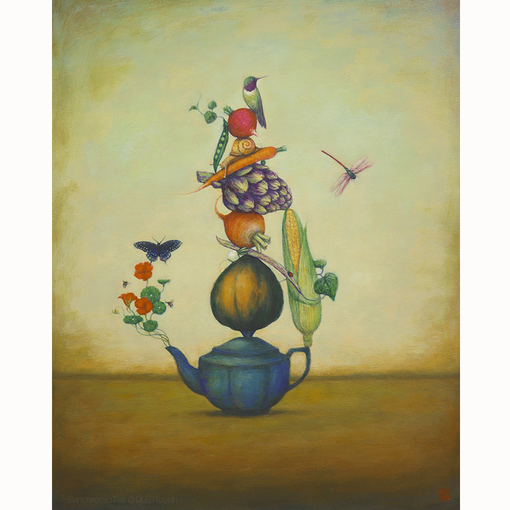 "SynchroniciTea" painting by Duy Huynh. Vegetables stacked on top of a blue teapot, with a hummingbird perched on top. 