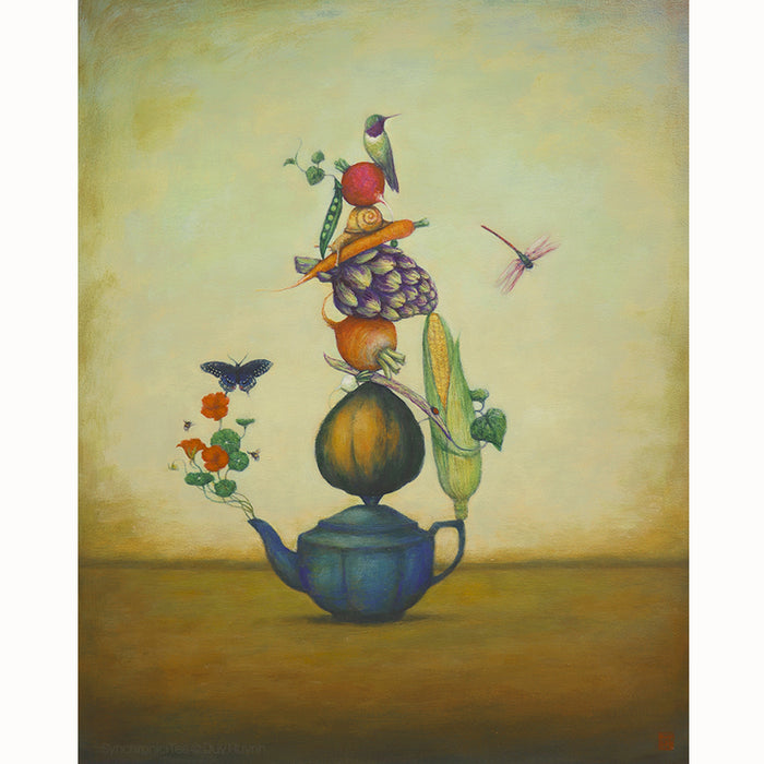 "SynchroniciTea" painting by Duy Huynh. Vegetables stacked on top of a blue teapot, with a hummingbird perched on top. 