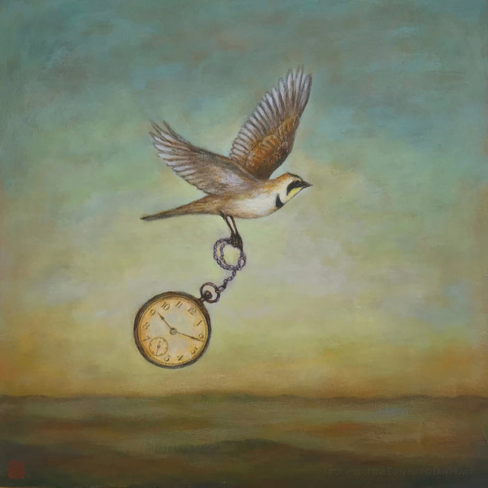 "Tardiness of the Early Bird" painting by Duy Huynh. 12 x 12" acrylic on wood. A lark flies through the sky holding a pocket watch.