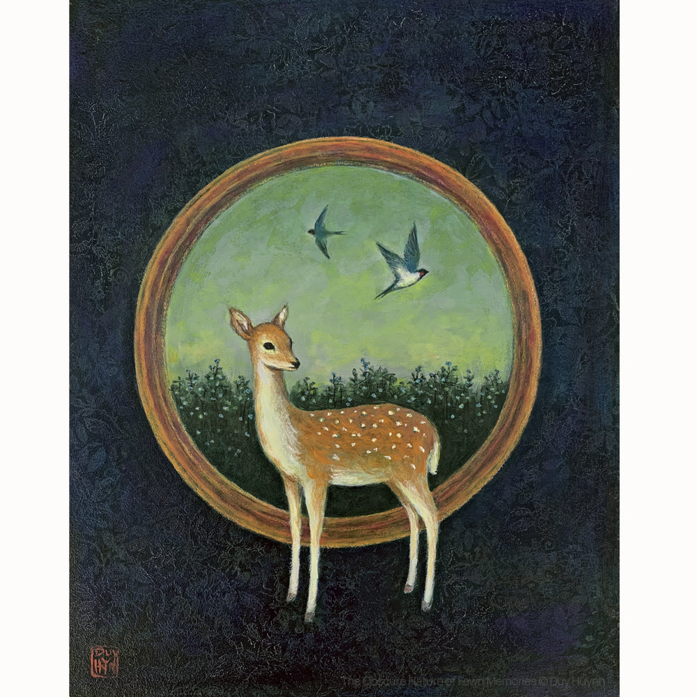 "The Obscure Nature of Fawn Memories" painting by Duy Huynh. 14 x 11" acrylic on wood. A fawn, swallows and forget-me-not flowers.