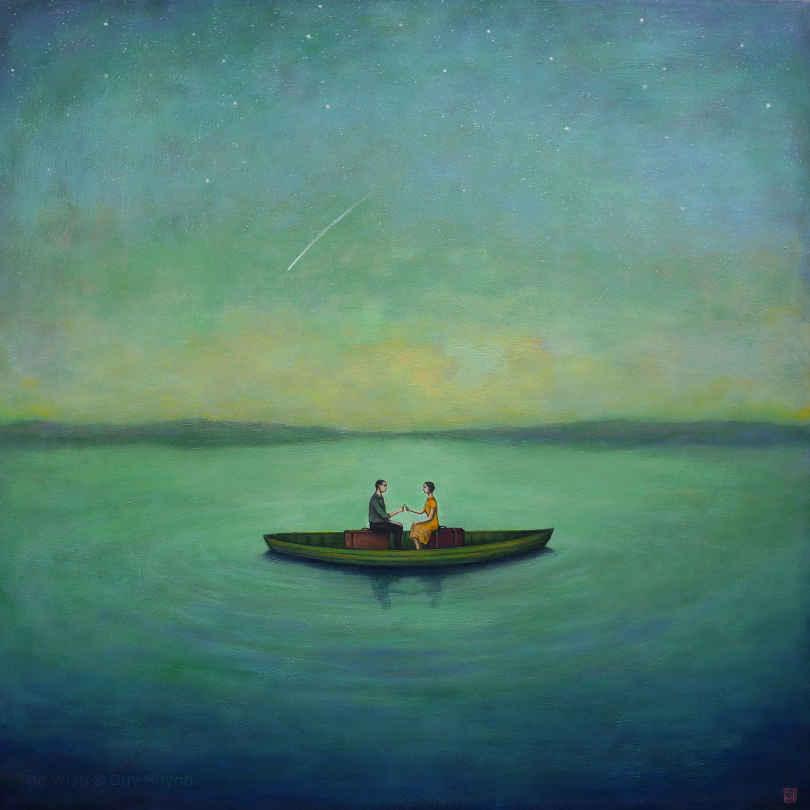 The Wish by Duy Huynh, 30 x 30 x .75" acrylic painting on canvas. A couple in a boat hold a wishbone with a shooting star overhead.