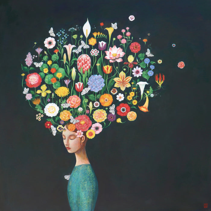 Thoughtful Garden by Duy Huynh, a painting of woman with a head full of colorful flowers on a dark background.