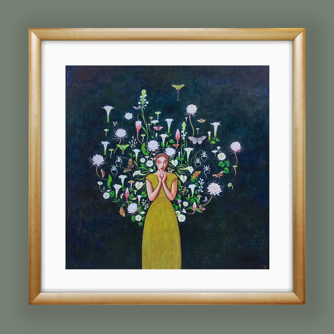 "Vespertine" 12 x 12" limited edition print by Duy Huynh. Woman surrounded by night blooming flowers. Shown matted and set in a gold frame.