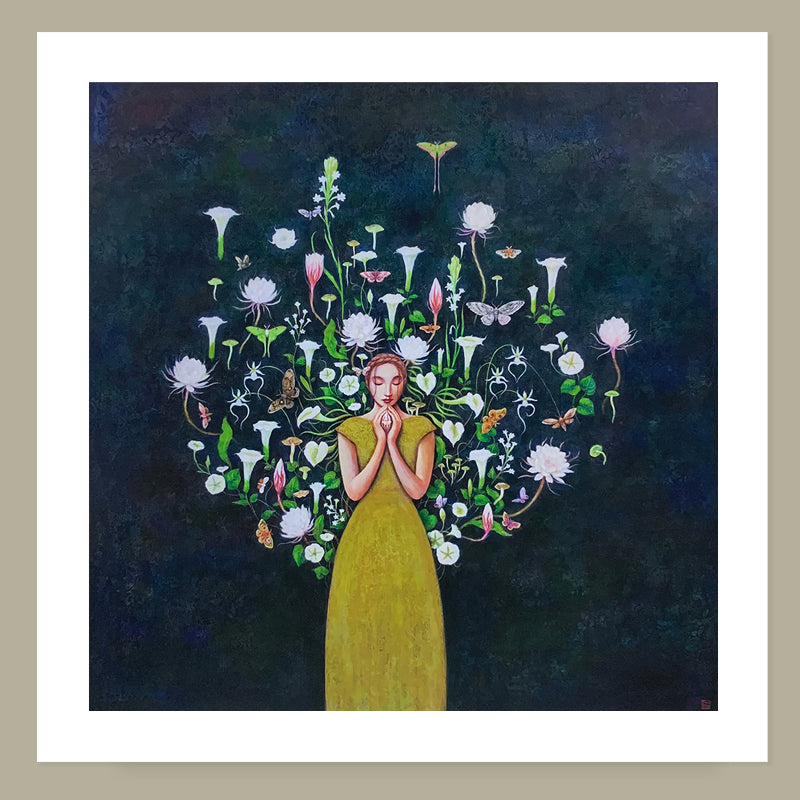 Duy Huynh's "Vespertine" 12 x 12" limited edition art print on paper, with 1 inch white border. A woman is surrounded by night blooming flowers, set against a textured dark background.