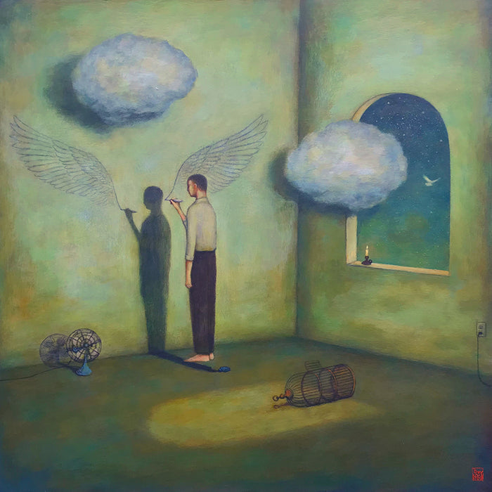Winging It On The Fly, dreamlike surreal painting by Duy Huynh. Man standing in a room with clouds, drawing wings. An open birdcage is on the floor and a bird flies out of a window into the night sky. 
