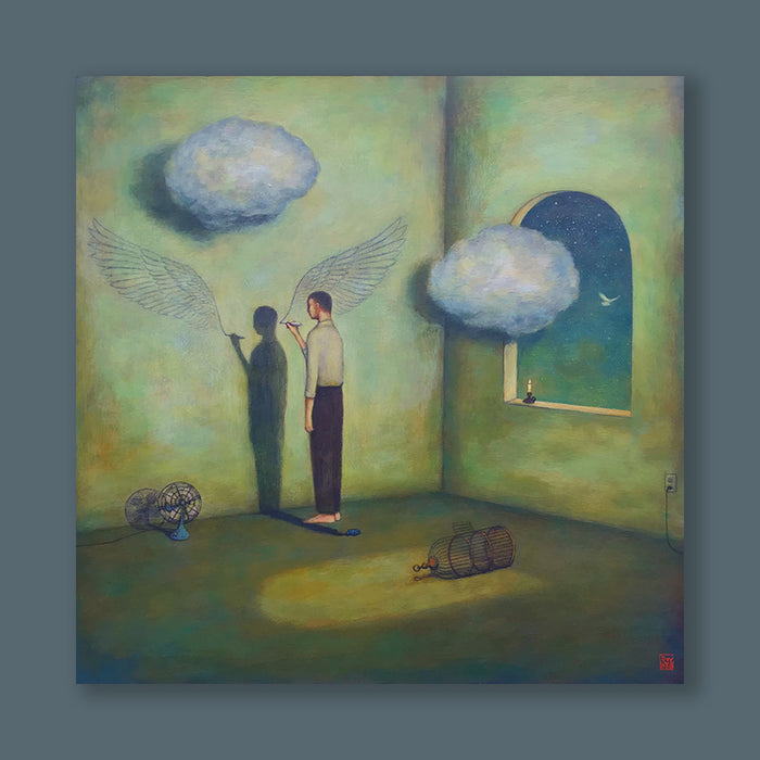 Winging It On The Fly, dreamlike surreal painting by Duy Huynh. Man standing in a room with clouds, drawing wings. An open birdcage is on the floor and a bird flies out of a window into the night sky. Painting shown on blue wall.