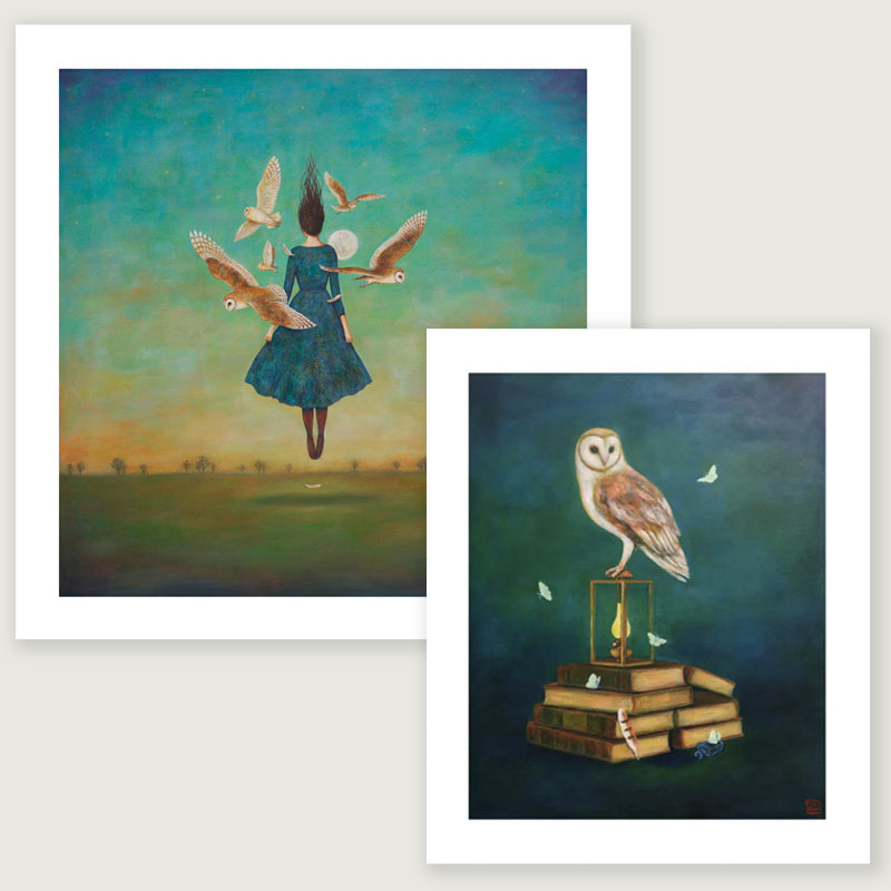 Duy Huynh owl themed limited edition art prints, Autumn Gloaming and Progress Over Perfection. 