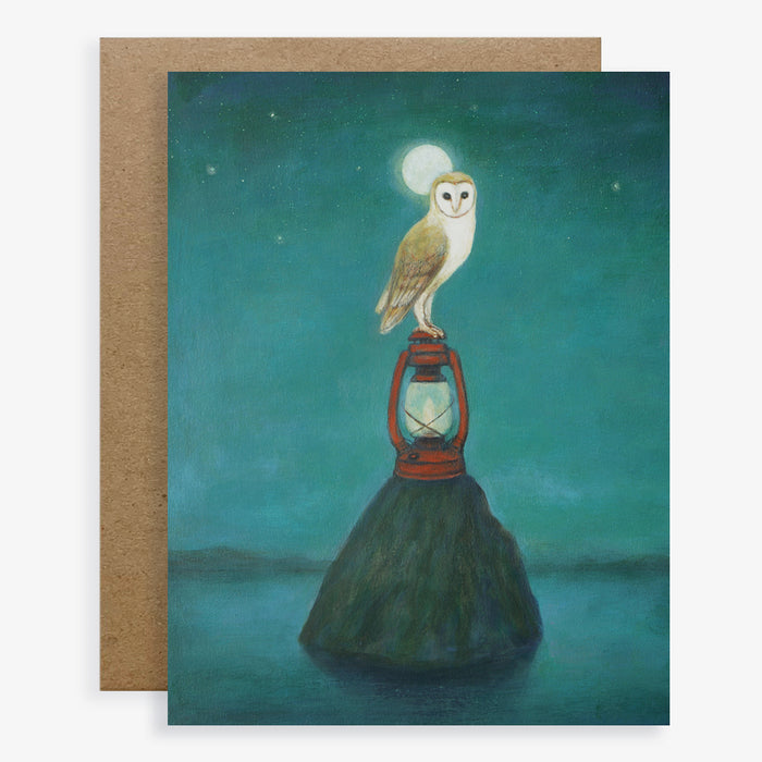 Duy Huynh notecard "Beacon". An owl perches atop a red lantern that sits on a rock in the water. A full moon glows above. Card is blank inside.