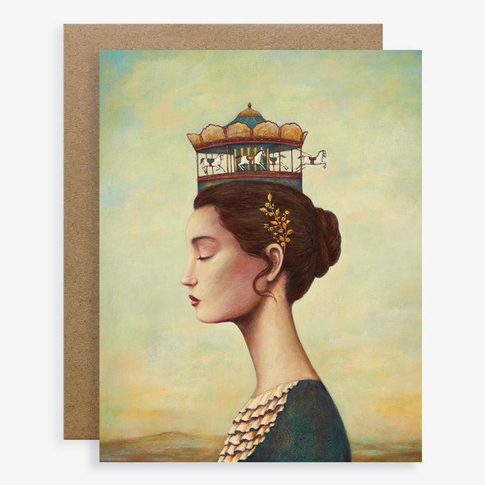 Duy Huynh notecard "Breaking the Cycle".  A woman wears a merry-go-round crown with one of the horses jumping out. Card is blank inside.