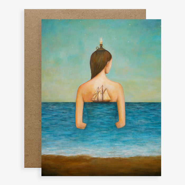 Duy Huynh notecard "Call of the Coast". A woman's figure emerges from the ocean, a candle sits on top of her head and ship sits at her back. Card is blank inside.