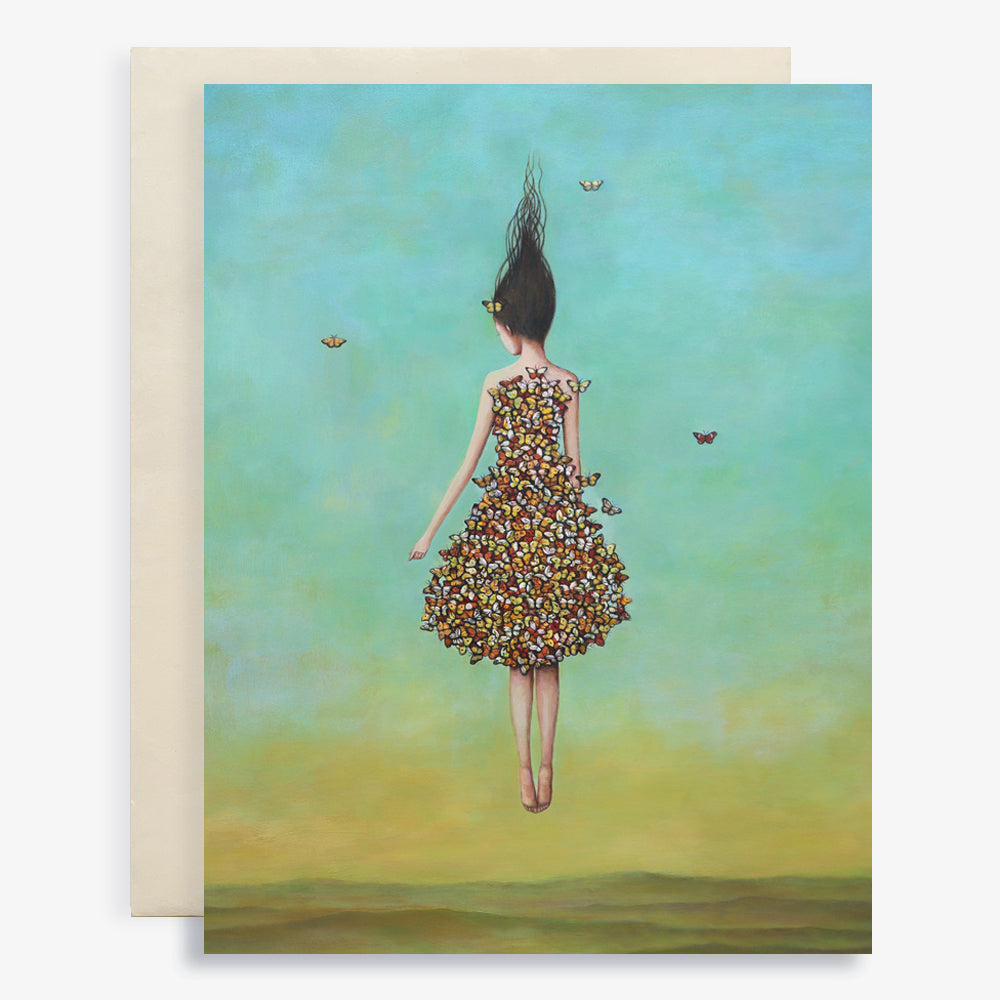 Duy Huynh notecard "Renascent". A woman rises up into the sky, her dress comprised of butterflies. Card is blank inside.