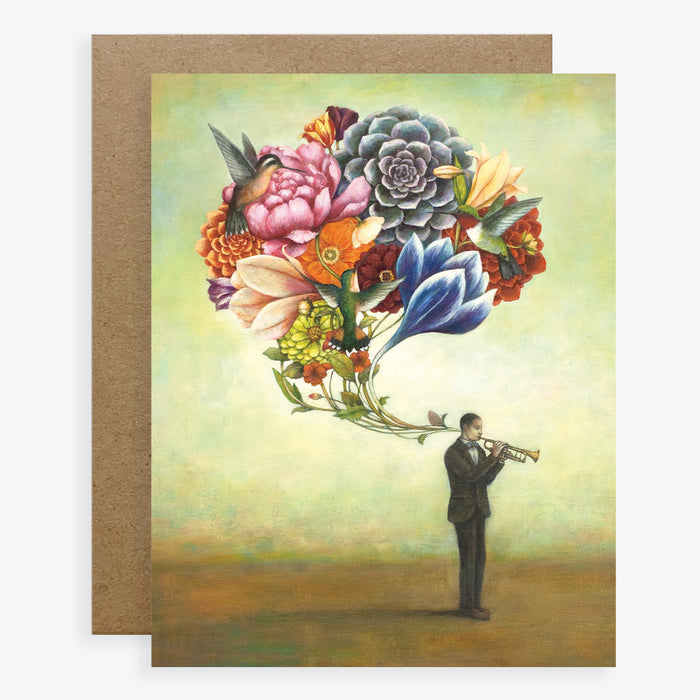 Duy Huynh notecard "Serenade for Synesthesia". A celebration of synesthesia, sound and color. Aman plays the trumpet with a bloom of large, colorful flowers and two hummingbirds rising above him. Card is blank inside.