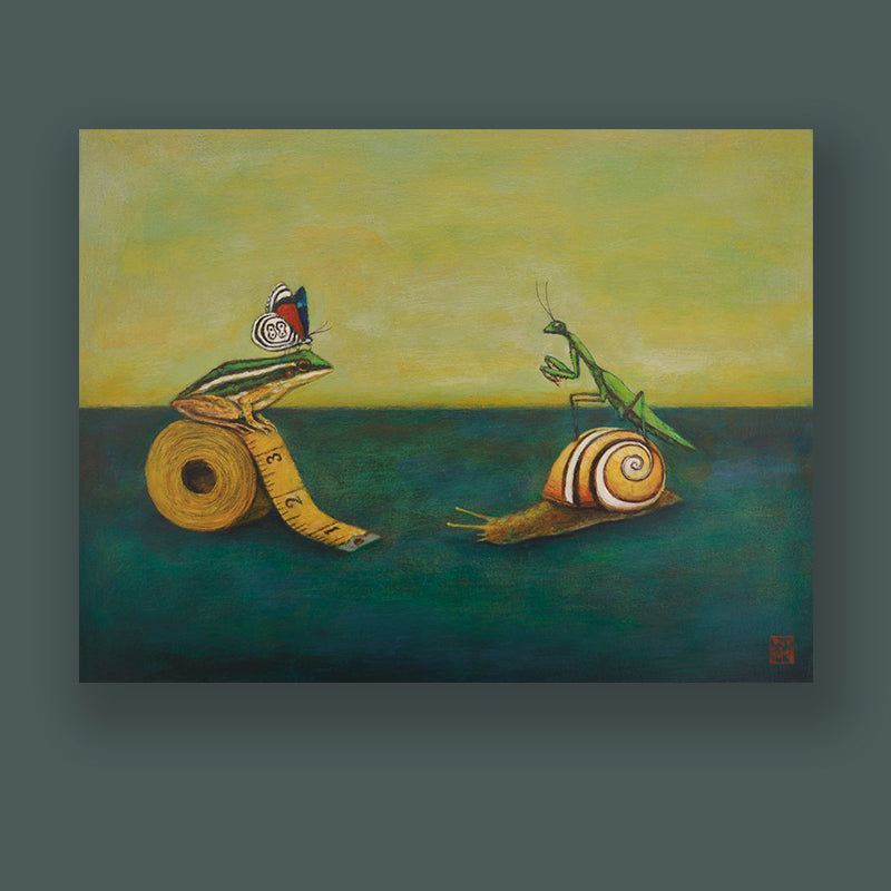 "A Measured Approach" 9 x 12 x 2" acrylic on wood painting by Duy Huynh. A striped frog, with a butterfly on its head, sits on top of a measuring tape. Opposite the frog, is a praying mantis sitting on top of a striped snail. Painting displayed on a dark blue wall. Artwork available at larkandkey.com.
