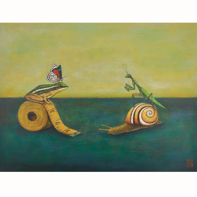 "A Measured Approach" 9 x 12 x 2" acrylic on wood painting by Duy Huynh. A striped frog, with a butterfly on its head, sits on top of a measuring tape. Opposite the frog, is a praying mantis sitting on top of a striped snail. Artwork available at larkandkey.com.
