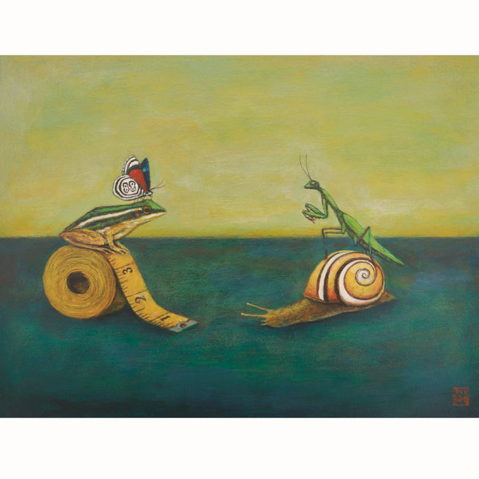 "A Measured Approach" 9 x 12 x 2" acrylic on wood painting by Duy Huynh. A striped frog, with a butterfly on its head, sits on top of a measuring tape. Opposite the frog, is a praying mantis sitting on top of a striped snail. Artwork available at larkandkey.com.