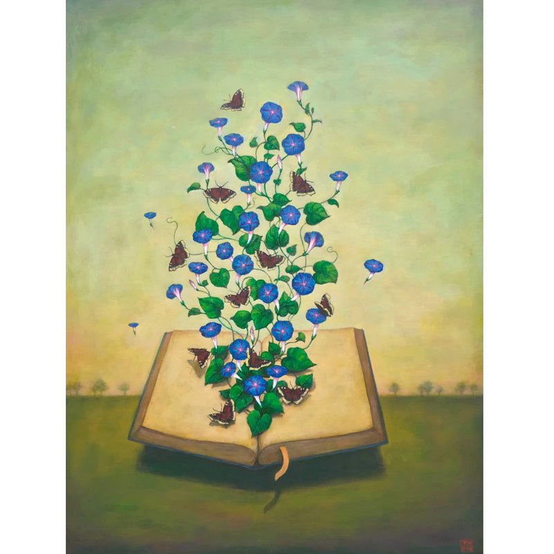 "Bound for Glory", a 24 x 18 x 2" painting on wood by artist Duy Huynh. Morning glory flowers bloom from an open book, with mourning cloak butterflies among them.