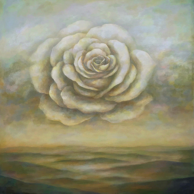 "Breathing Space" by artist Duy Huynh. A 42 x 42 x 2" acrylic on canvas painting depicting a large rose in the sky over an open landscape. 