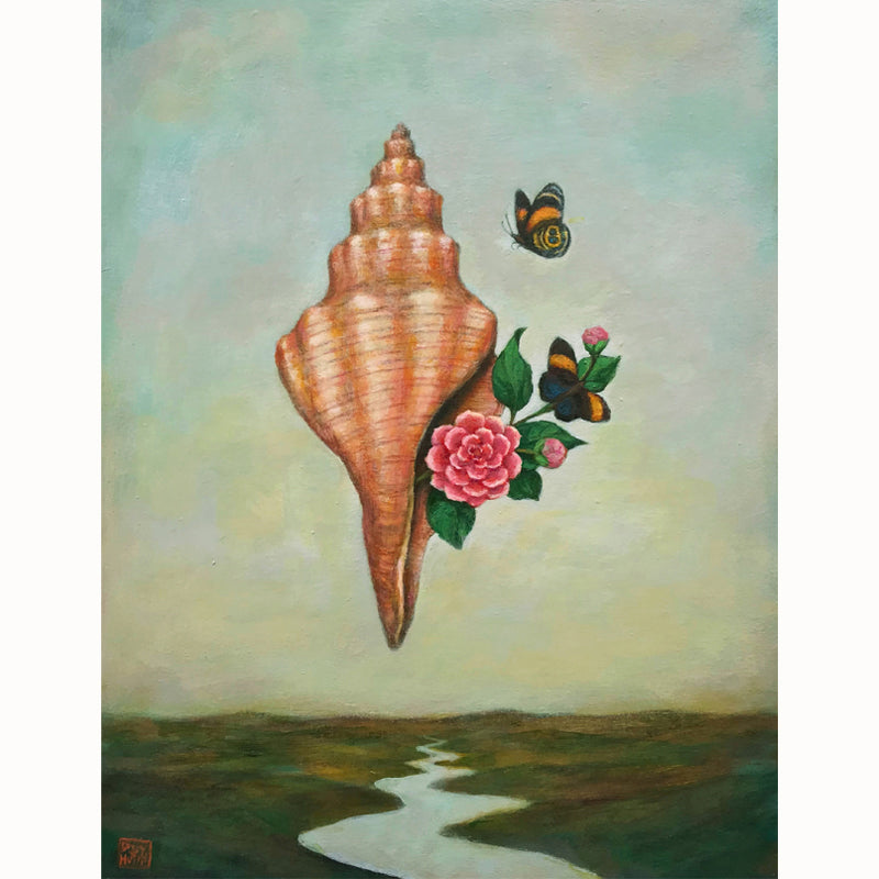 "Excelsior" by artist Duy Huynh. A 12 x 9 x 2" acrylic on wood painting depicting two excelsior butterflies and camellia flowers emerging from a foxhead conch shell.