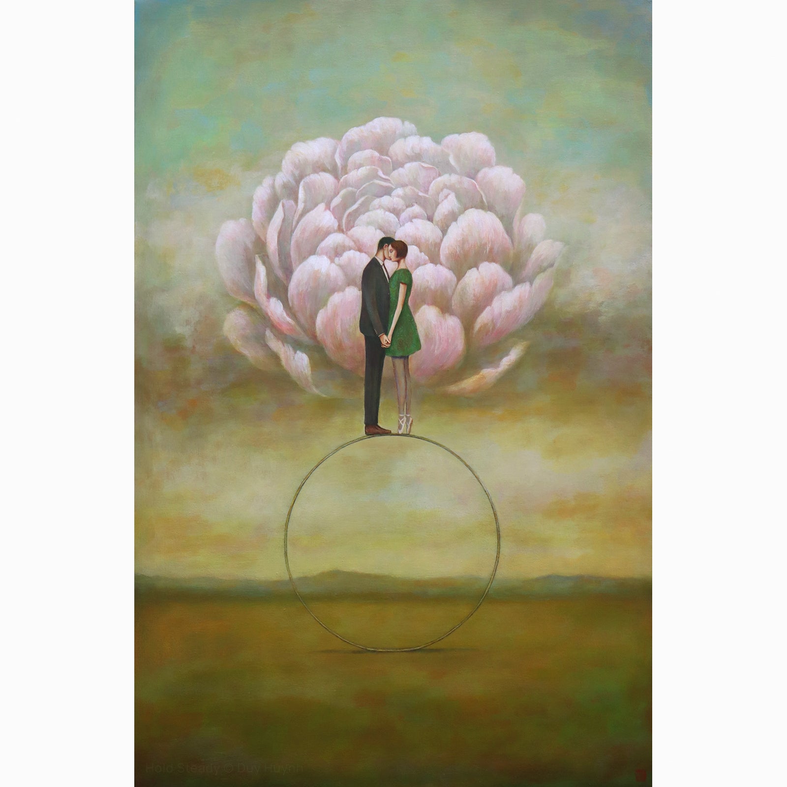 "Hold Steady" painting by Duy Huynh - a couple holding hands on top of a hoop, with a large pink peony in the background. Pink peonies symbolize love, romance, good fortune and prosperity (they are also the traditional 12 year wedding anniversary flower)