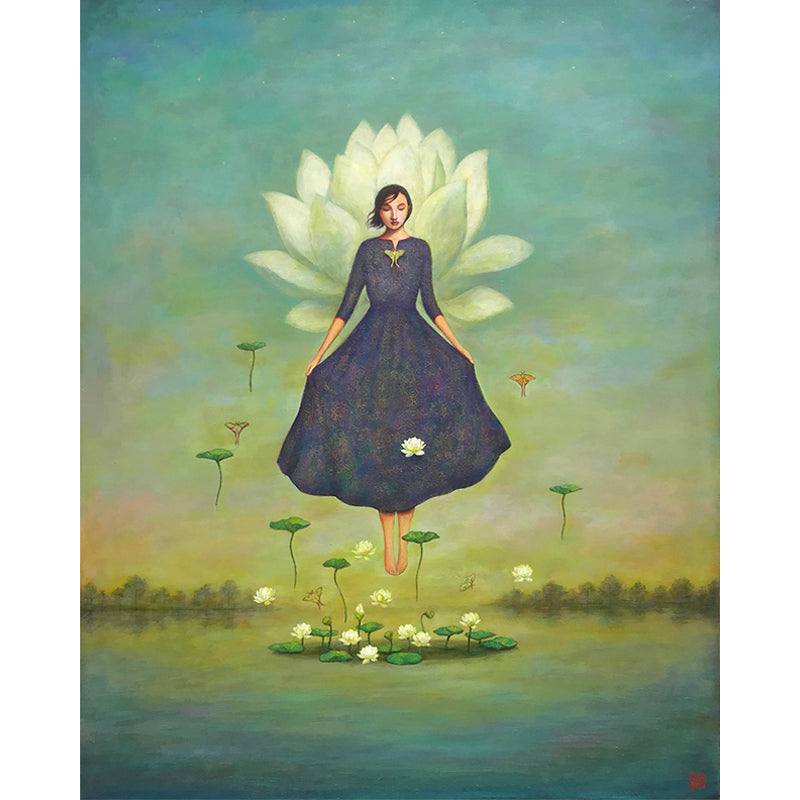 "Jade Cloud", a 30 x 24 x 2" painting on wood by artist Duy Huynh. A woman hovers above a patch of jade cloud lotus flowers. There is a large jade cloud lotus in the sky forming a sort of crown behind her. Luna moths flutter about. 