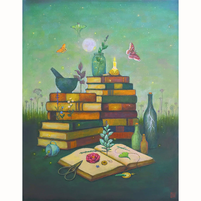 Library of Herban Legends painting by Duy Huynh. A stack of books surrounded by various medicinal herbs, bottles, moths, and more under a full moon.