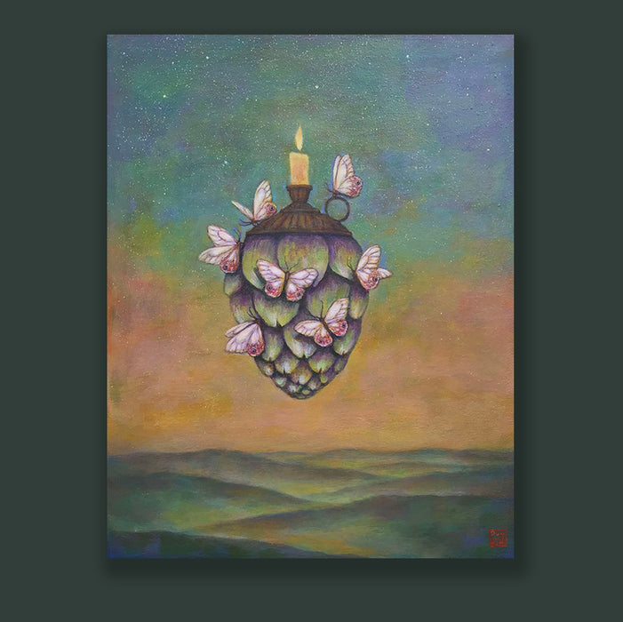 Light Hearted Companions painting by Duy Huynh. A artichoke with a candle holder and candle on top, and Andromeda satyr butterflies (known as pink phantoms). Displayed on a dark green wall.
