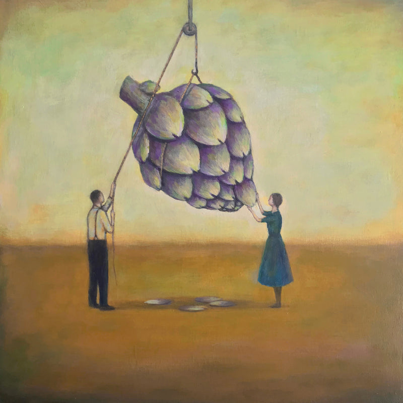 Restorative Effort painting by Duy Huynh, a couple mends an artichoke heart.