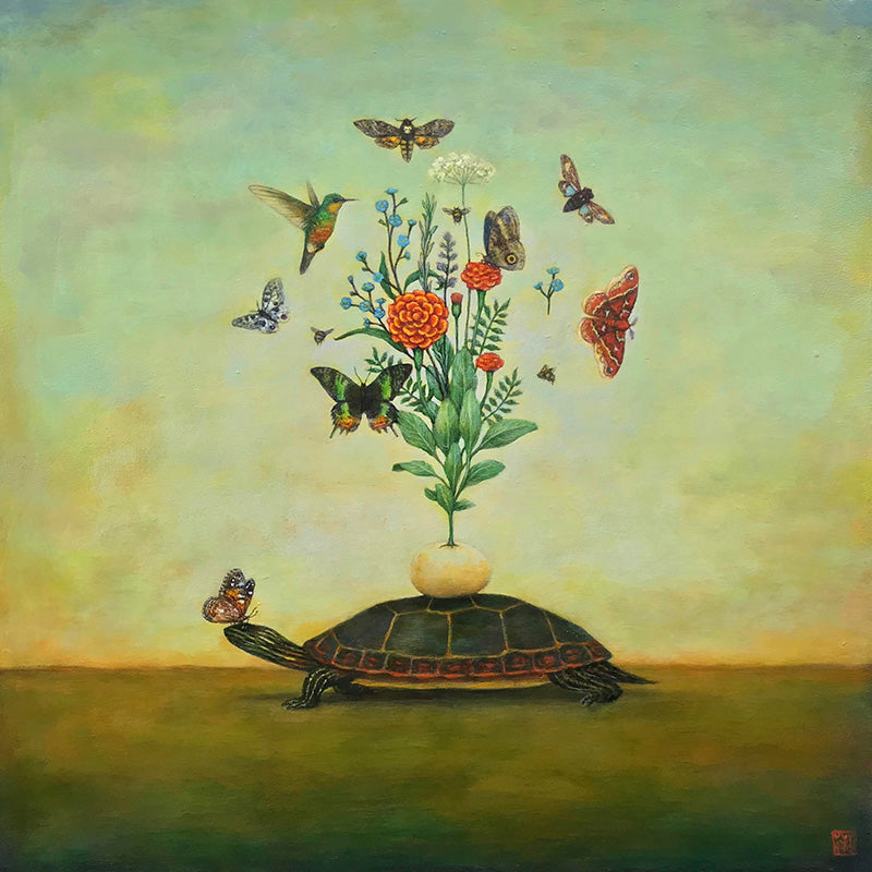 "Sage Advice", an 18 x 18 x 2" painting on wood by artist Duy Huynh. Sage Advice is inspired by symbiotic relationships, and the wisdom and wonder of nature. It features a painted turtle and a painted lady butterfly. Sage and other herbs and botanicals grow from an egg that sits atop the turtle's back. A hummingbird and various butterflies and moths flutter around. 
