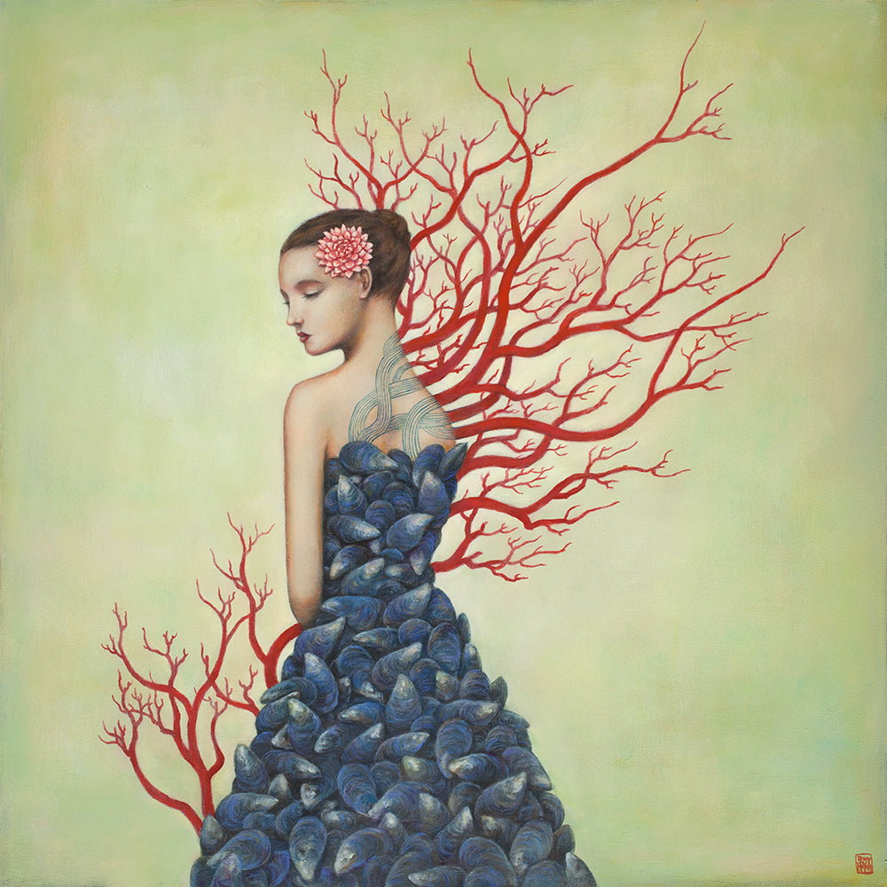 "Mussel Memories and a Coral Fixation" artist proof from a limited edition print series by artist Duy Huynh. Woman with a dress made up of mussel shells, red coral around her.