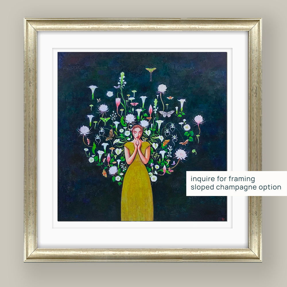 Duy Huynh's "Vespertine" 12 x 12" limited edition art print on paper, with 1 inch white border. A woman is surrounded by night blooming flowers, set against a textured dark background. Mockup with sloped champagne frame.