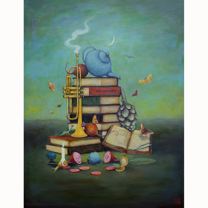 "Beet Poet Society" painting by Duy Huynh celebrates offbeat (beet) companions and those who pour their hearts out in search of creative sparks and harmony. A teapot, beets, other objects and insects surround a stack of books. 