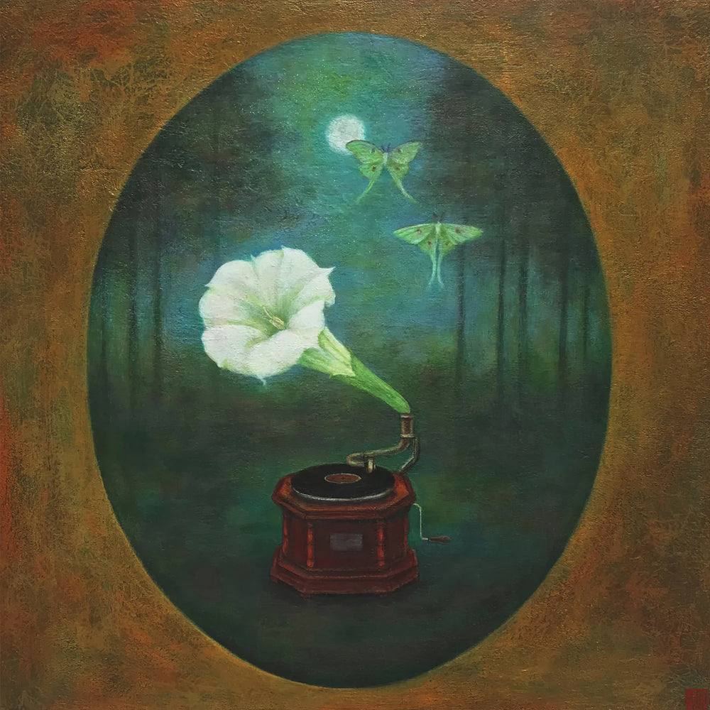 "Luna Lullaby" artist proof from a limited edition print series by artist Duy Huynh. Nighttime scene with trees, full moon, luna moths and a gramophone. The horn of the gramophone is a moonflower.