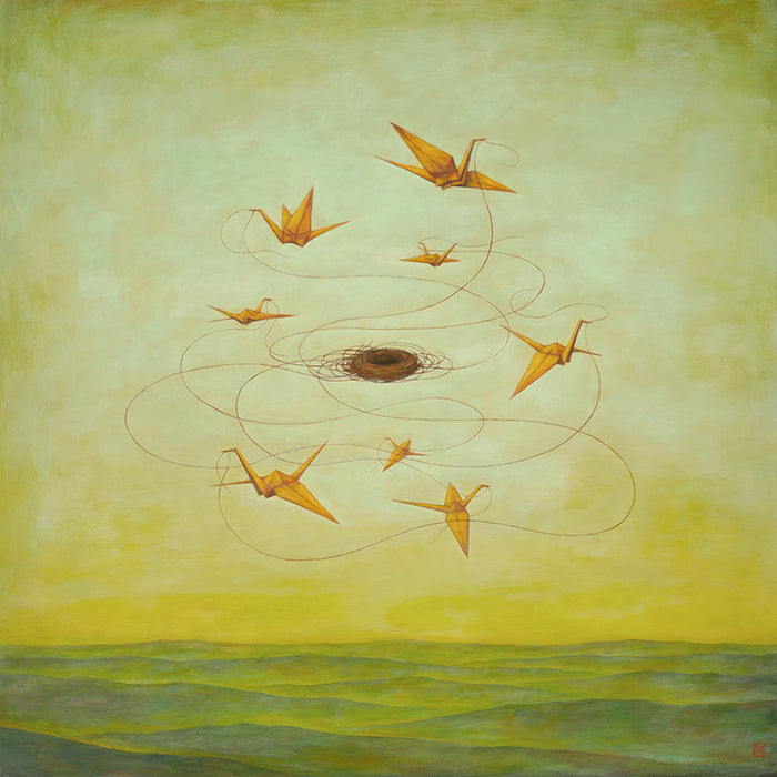 MomentariNest, a 30 x 30" surreal painting by Charlotte NC artist Duy Huynh.  Eight orange origami birds weaving a nest in a greenish yellow sky, over an open landscape. 