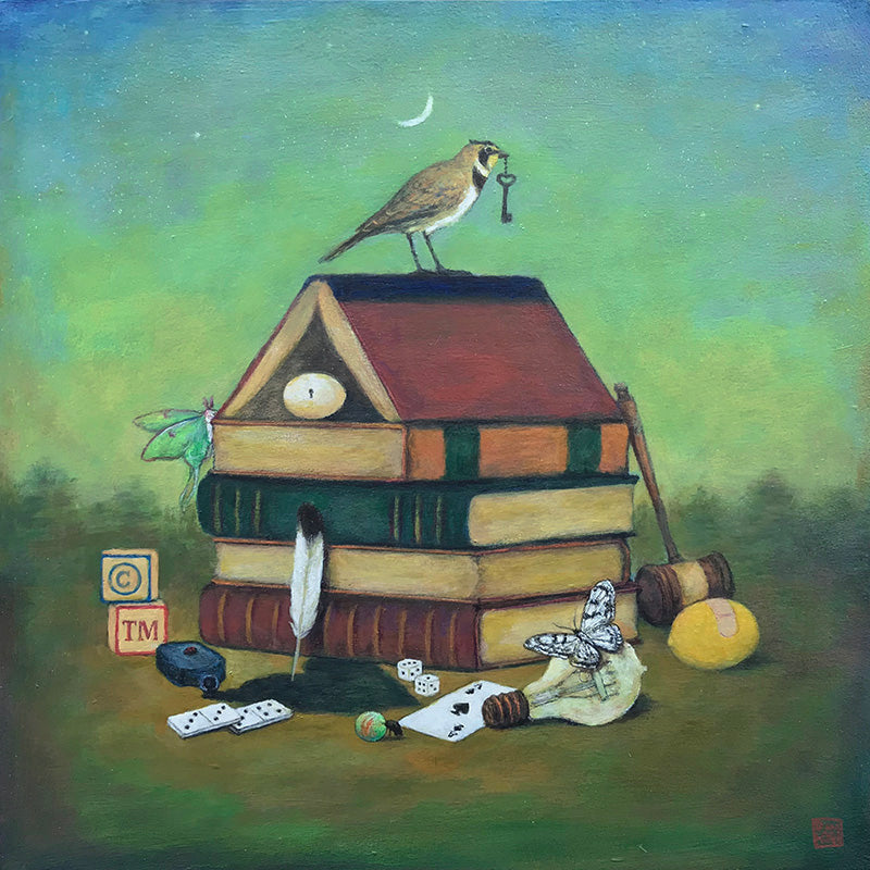 "The Intellectual Property Game" painting by Duy Huynh, a lark sits on top of a stack of books. It holds a key, and the books are surrounded by various objects such as an egg, wooden blocks, dominos, ink, dice, a feather, gavel, lightbulb and lemon. 