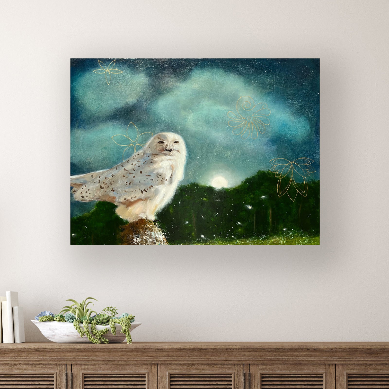 "A Time For Dreaming" owl painting by Eleanor Miller. A snowy owl sits under a night sky. Room scene view.