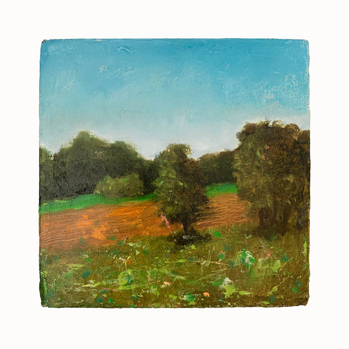 Eleanor Miller's mini painting, "Plowed Field". A freshly plowed field and tree landscape painting in blues, greens and rust.