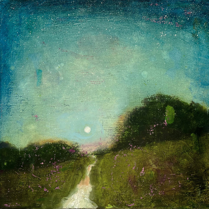 "Reflecting Light", small landscape painting with a full moon in the night sky by Eleanor Miller.