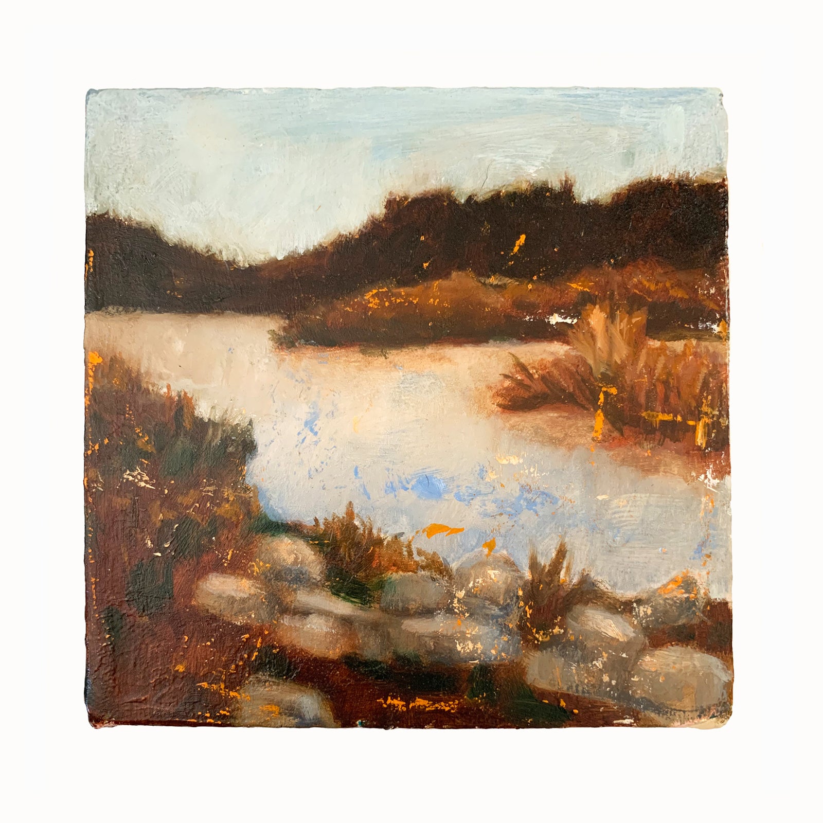 Eleanor Miller's mini painting, "Sanctuary". A peaceful landscape and water painting in soft blues and rusty browns.