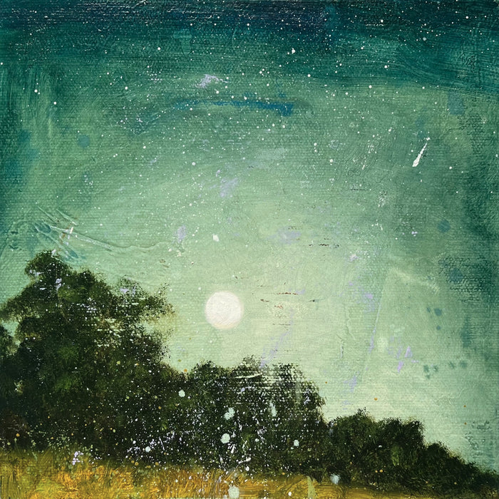 "Summer Enchantment",  small landscape painting with a full moon in the night sky by Eleanor Miller.