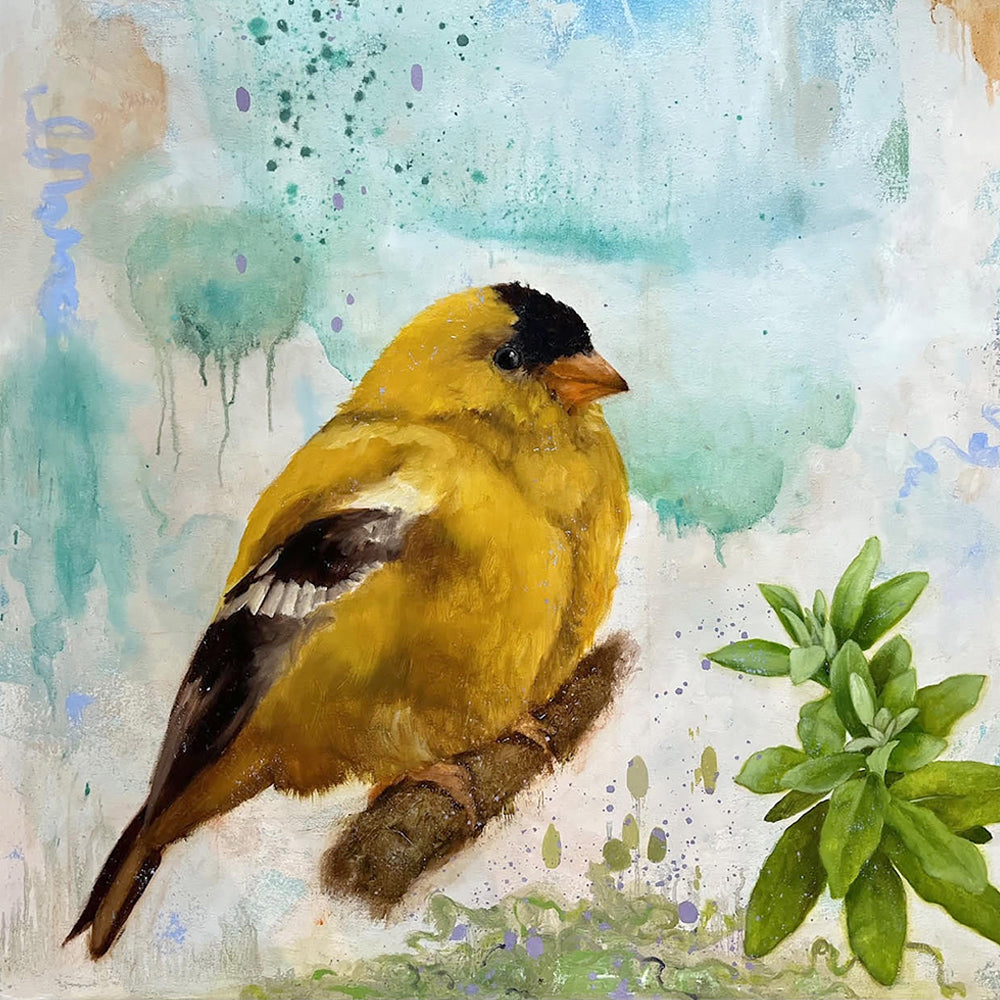 "Radiant Sky" painting by Eleanor Miller. A large yellow goldfinch perched on a branch, with colorful watercolor background. 