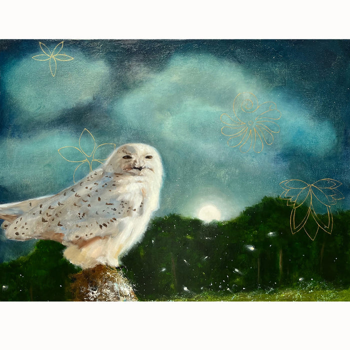 "A Time For Dreaming" owl painting by Eleanor Miller. A snowy owl sits under a night sky.