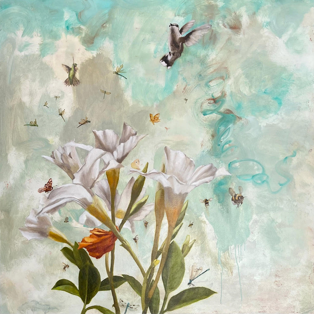 Eleanor Miller's "Summer Dance" 40 x 40" oil painting, with white flowers, hummingbirds and various insects. 