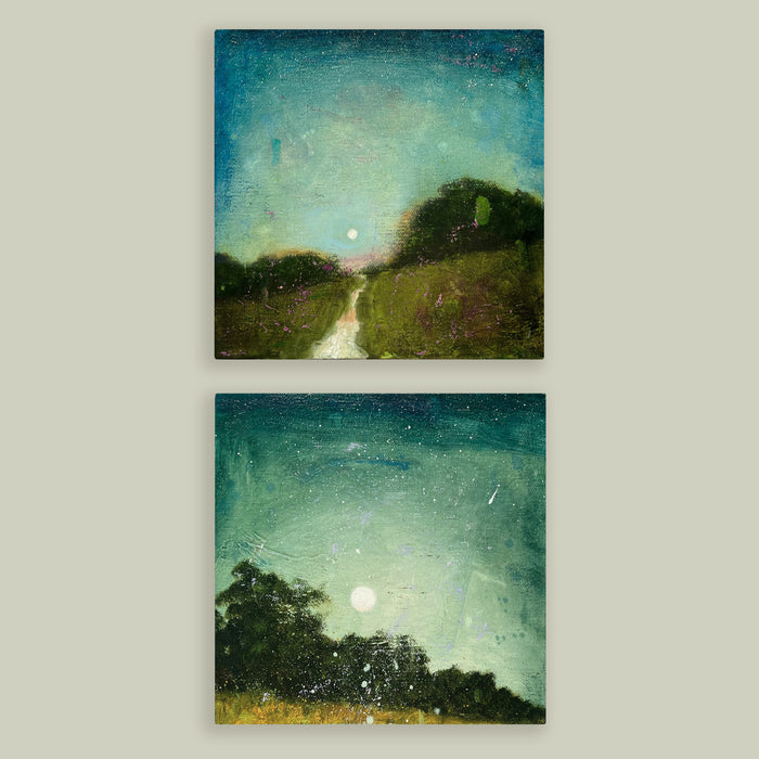 Small landscape oil paintings with night sky and full moon by artist Eleanor Miller.