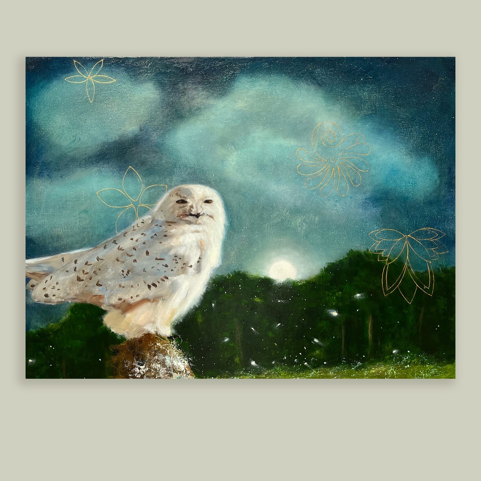 "A Time For Dreaming" owl painting by Eleanor Miller. A snowy owl sits under a night sky. Painting shown on light gray wall.