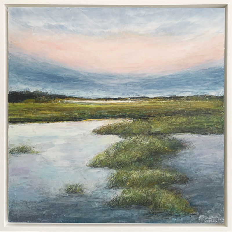 Marsh landscape painting set in white frame, by Charlotte NC artist Elizabeth Davant at Lark & Key.