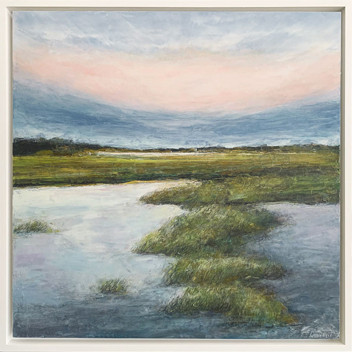 Marsh landscape painting set in white frame, by Charlotte NC artist Elizabeth Davant at Lark & Key.