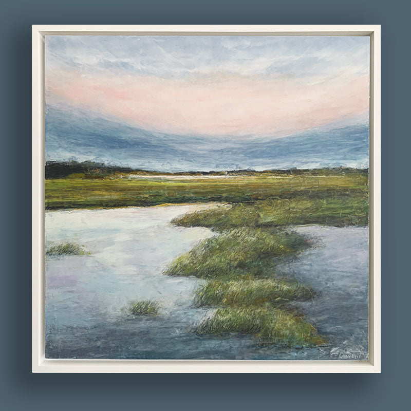 Marsh landscape painting set in white frame and shown on dark blue wall, by Charlotte NC artist Elizabeth Davant at Lark & Key.