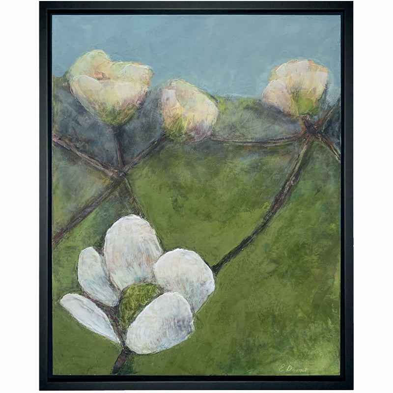 Oil and cold wax painting of dogwood flowers with green and blue background, framed in black. Artwork by Elizabeth Davant at Lark & Key, Charlotte NC.