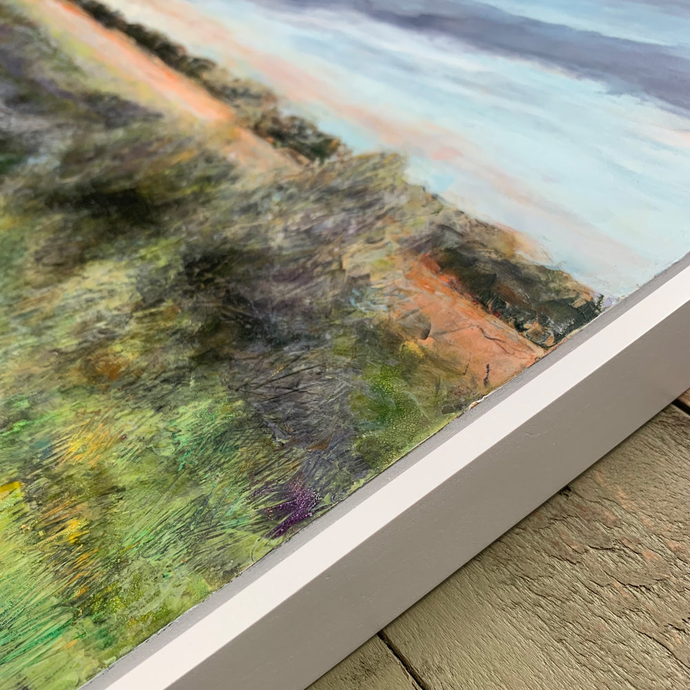 "Layers of Life" oil and cold wax painting by Charlotte NC based artist Elizabeth Davant. 12 x 16" marsh landscape, set in a white floater frame. Frame detail.